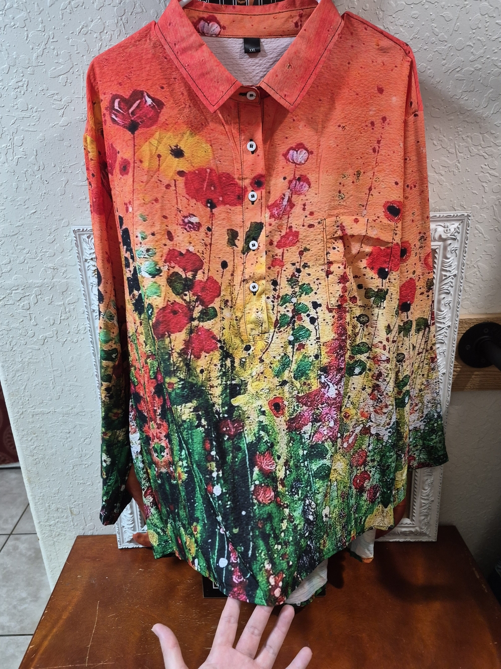 Artistic Orange Floral Button-Up Shirt for Woman